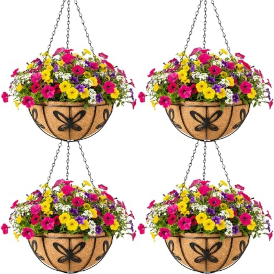 

4pcs 14 inch Metal Hanging Baskets Round Wire Plant Stand with Coco Lining Cushion Decorative Planter Hanger Garden Indoor Outd