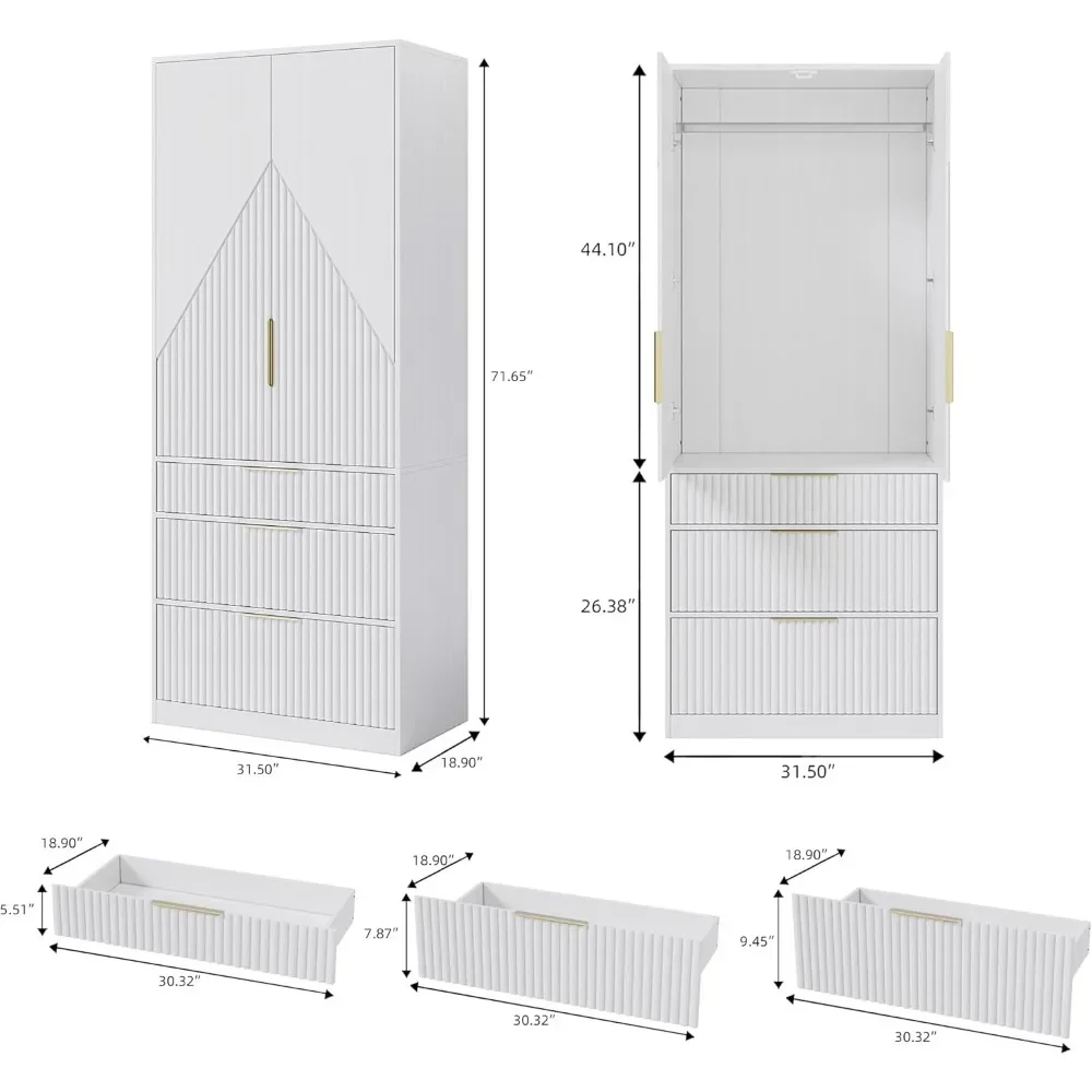 71.7 inch Wooden Bedroom Wardrobe Wardrobe, 2 Doors, 3 Drawers, Rail Rack, Large Capacity Wardrobe, Freestanding Closet Storage