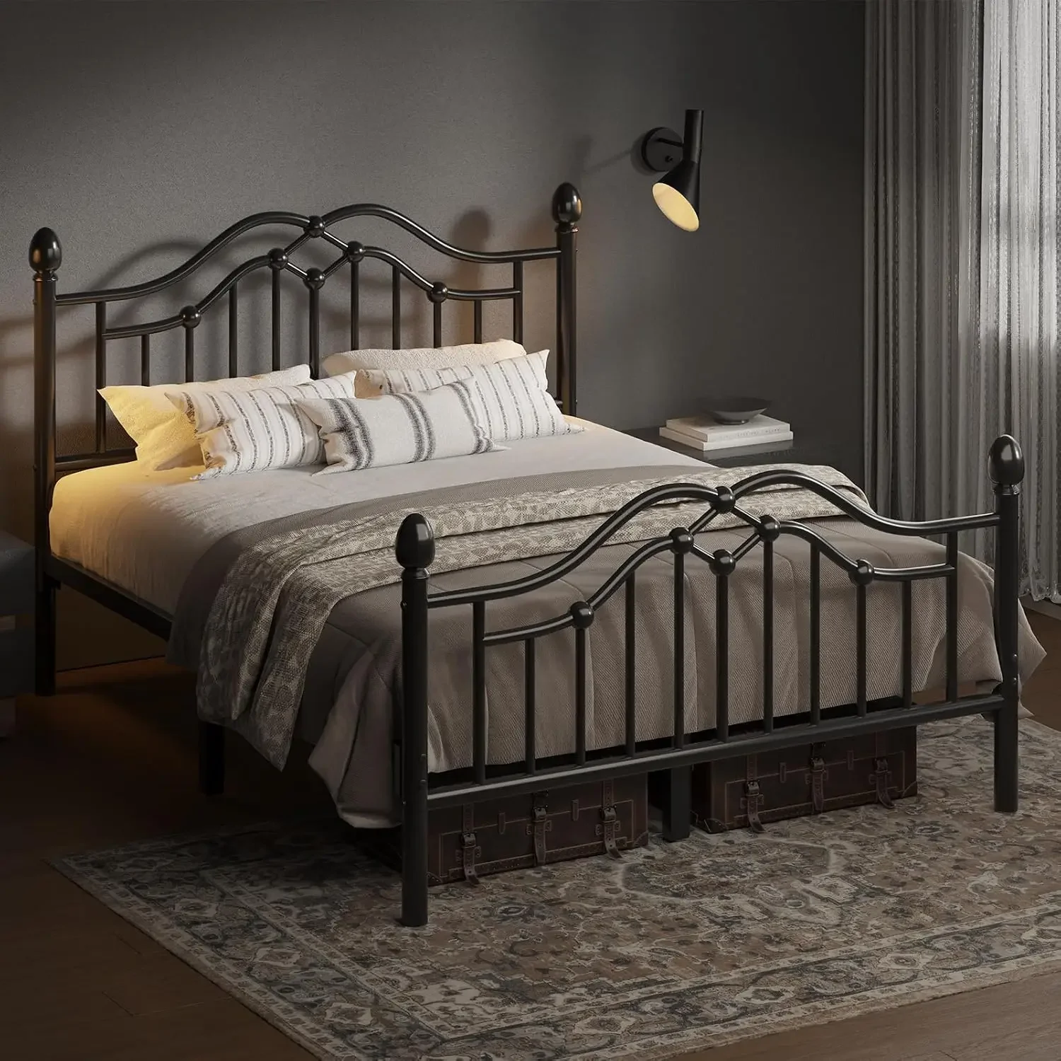 Queen Metal Bed Frame with Classical Headboard and Footboard, Black | Platform Bed with Sturdy Metal Slats Support, Adequate