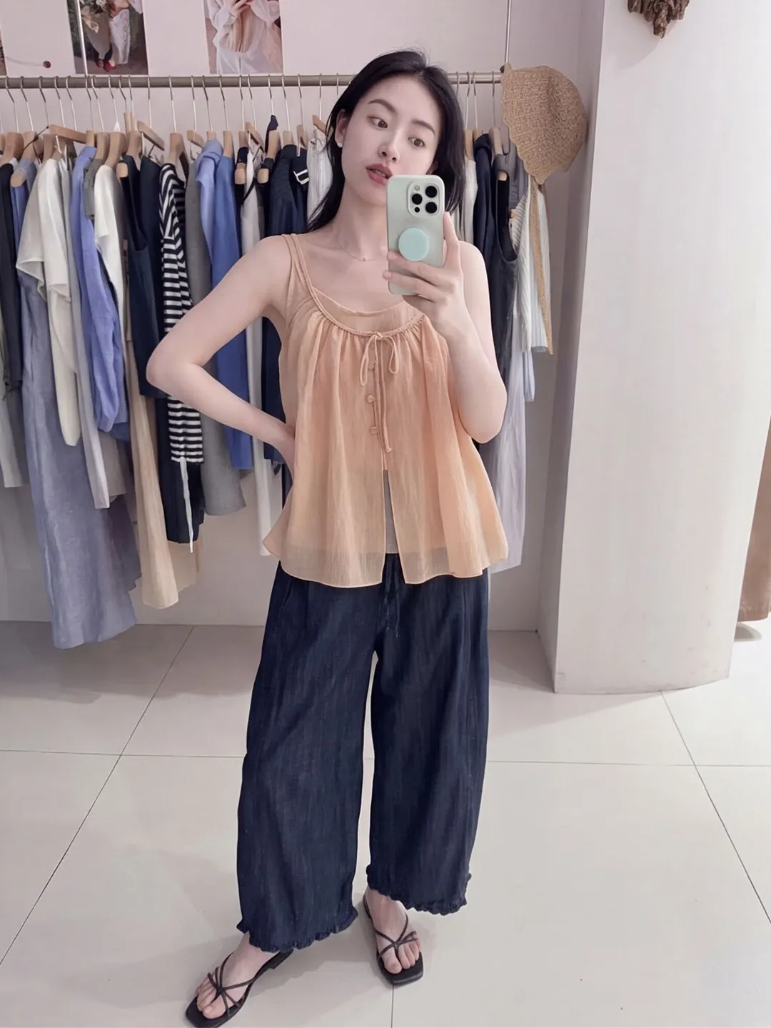 Summer Women's Orange Design Sense Drawstring Vest Strap Two-Piece Set Button Design in Front White Enhancing Top Casual Wear