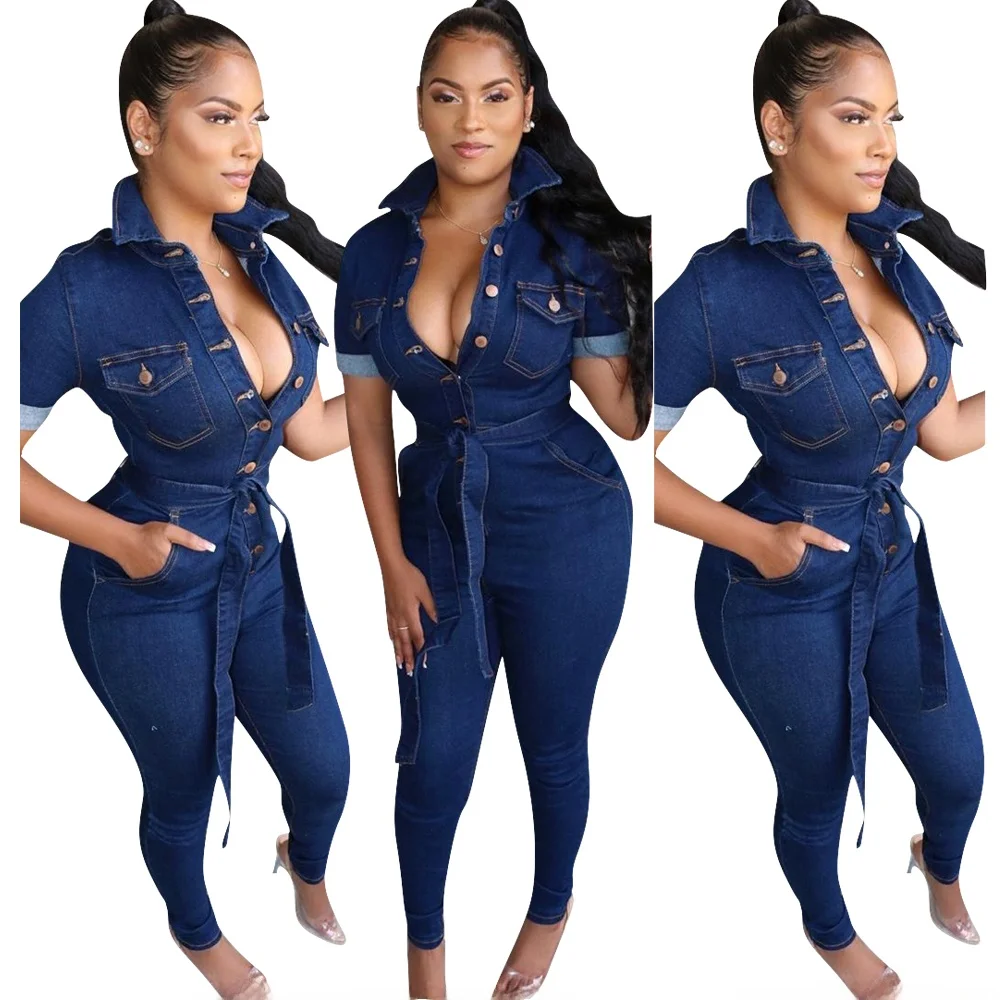 

Sexy Denim Jumpsuit V-Ne Casual Women's Overalls Street Sle l Waist Long Pants Summer Faion Polyester Fabric