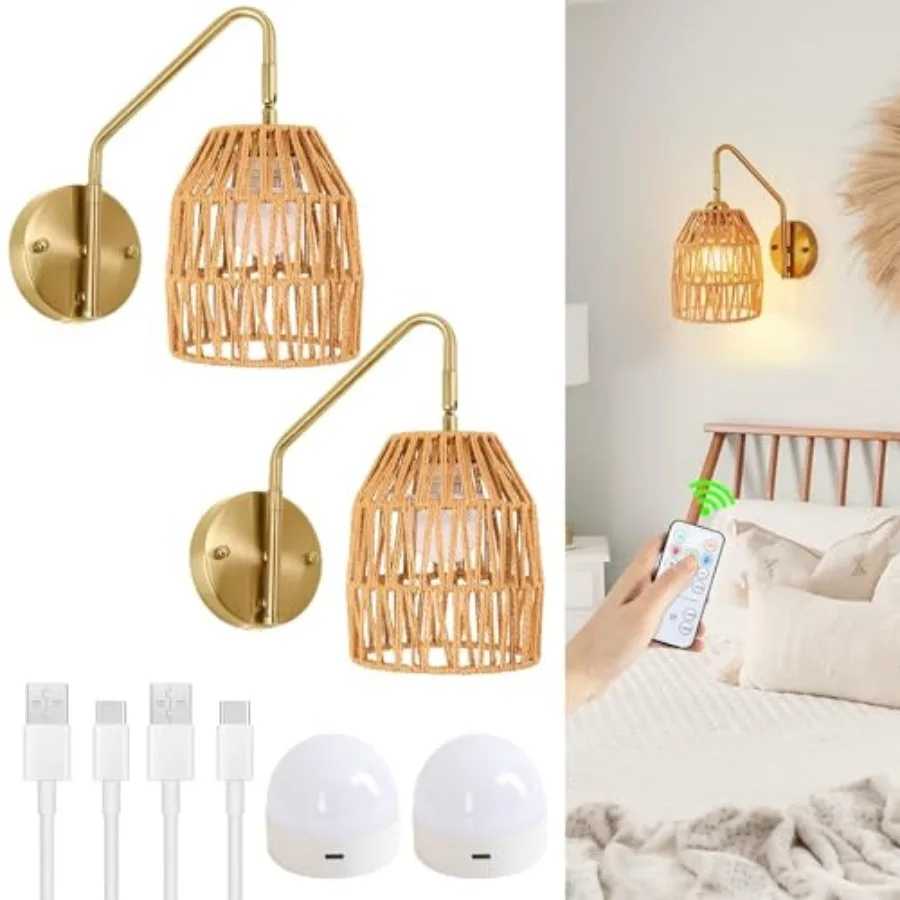 Rattan Battery Operated Wall Sconce Set of Two, Boho Rechargeable Wall Lights with Remote, 3 Colors Dimmable Wireless Wall Lamp