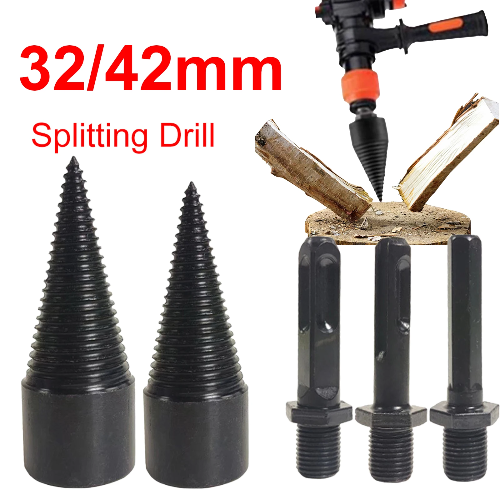 42mm+32mm Firewood Drill Bit Set + 3 Handle Wood Log Splitter Firewood Drill Bit Wood Splitting Screw Cone for Splitting Woods