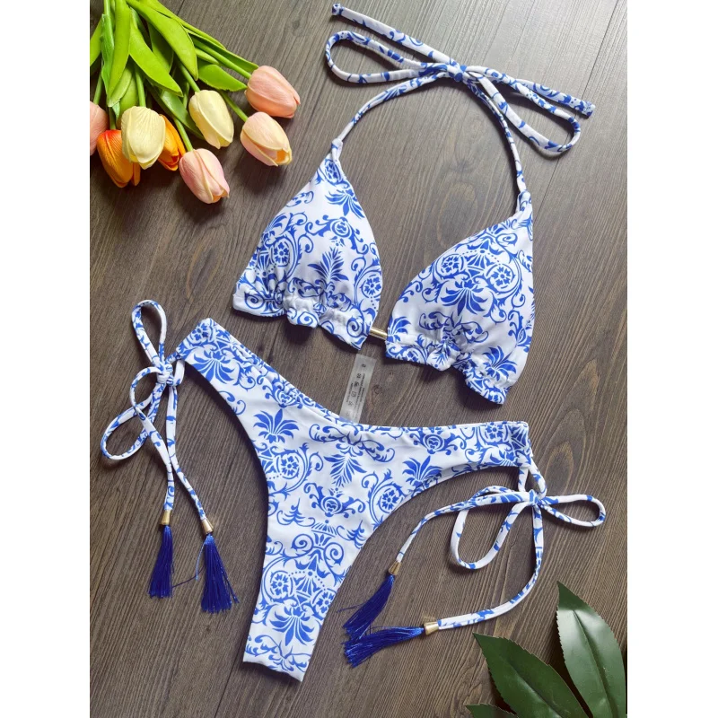 

2024New Blue and White Porcelain Printed Bikini Swimsuit Beach Sexy Women's Swimsuit