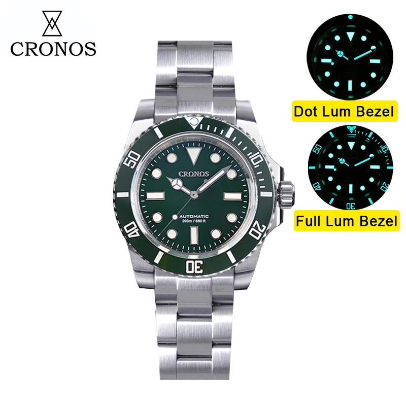 Cronos Sub Diving Herren Automatische Mechanische Uhr Ohne Datum PT5000 Gebürstetes Armband Keramik-Lünette 200m Wasserdicht Verstellbarer Verschluss L6005