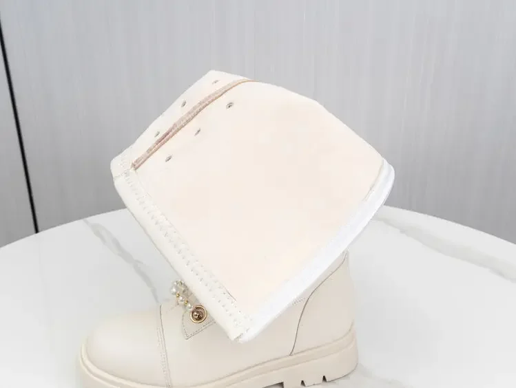 Pearl Chain Decoration Round Toe Knee High Boots New 3cm Back Zipper Flat Bottomed Patent Leather Women's Winter PU Boots 35-43