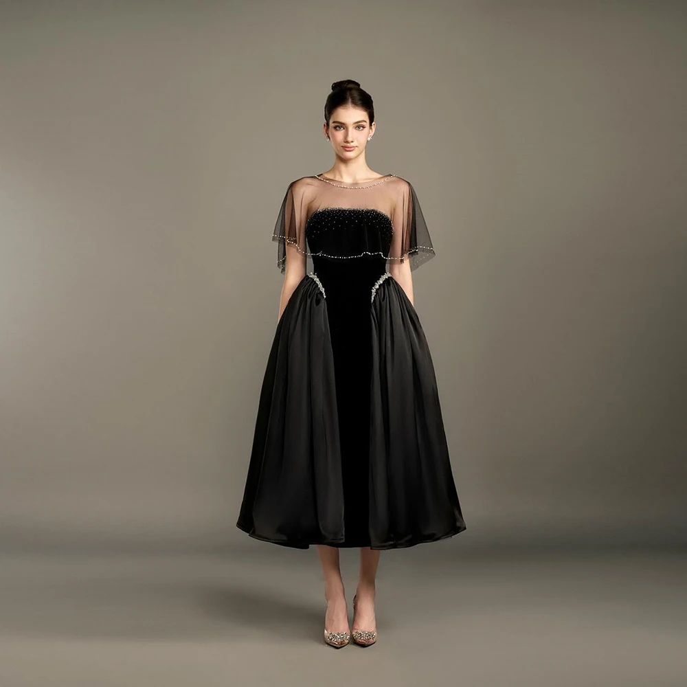 

Customized O-neck Strapless Black A-line Draped Evening Dress ILLUSION Cape Backless Party Dress Sleeveless Tea-Length Prom Gown