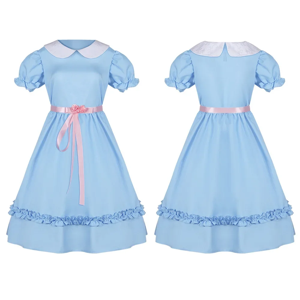 

Horror Movie Twins Sister Cosplay Costume Adult Boy Girls Blue Dress Suit Halloween Outfit Party Uniform Accessories Dress Belt