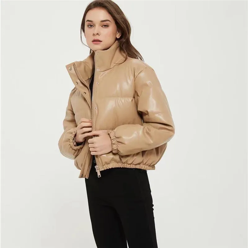 2024 Winter Warm Thick PU Leather Coat Women Short Cotton Jacket Parkas Fashion Cotton Padded Down Jacket Zipper Overcoat