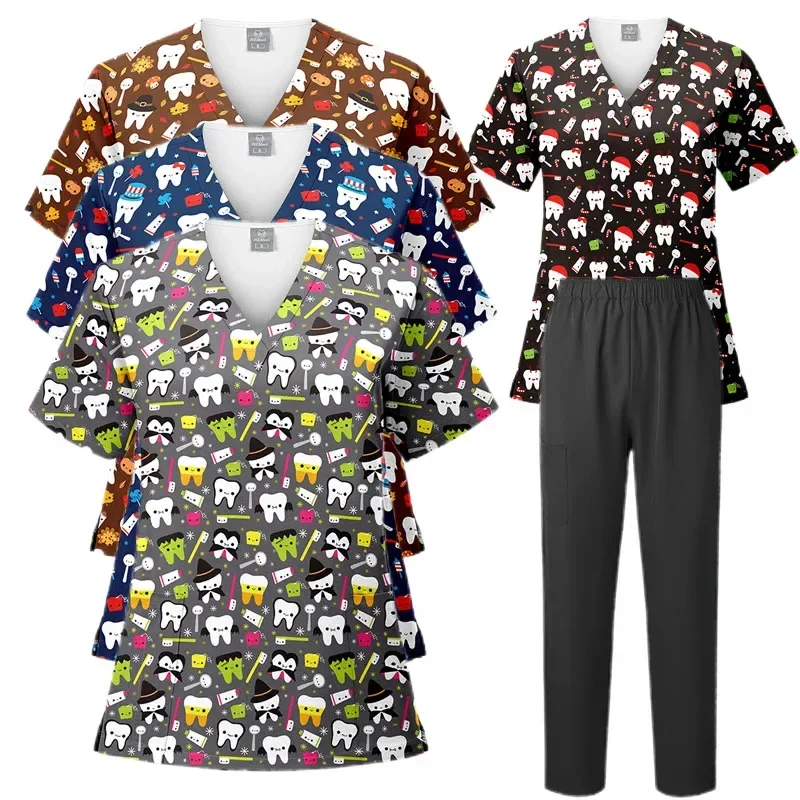 Stretchy Scrub Tops Medical Uniforms Printed Scrubs Top Women Beauty Spa Uniform Medical Nursing Work Clothes Doctor Nurse Scrub
