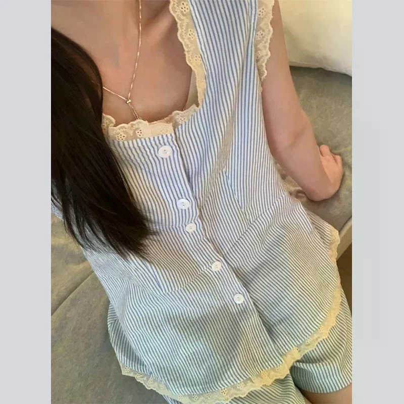 

Pajamas Set Women's Summer Sweet Lace Striped Tank And Shorts Casual Home Clothes 2PCS Suit