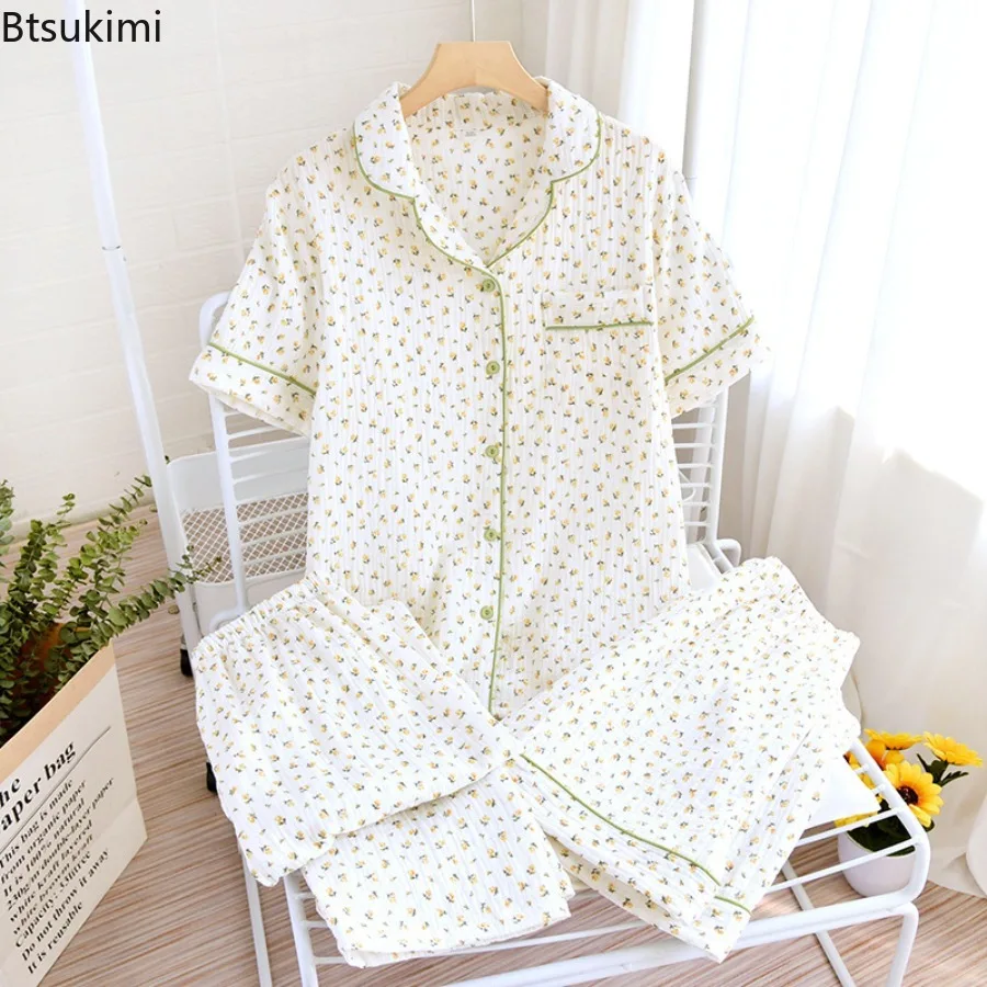 New 2025 Summer Women's Cotton Three Piece Pajama Set Short Sleeves+Shorts+Pants Simple Pajamas in Floral Clothing for Home Use