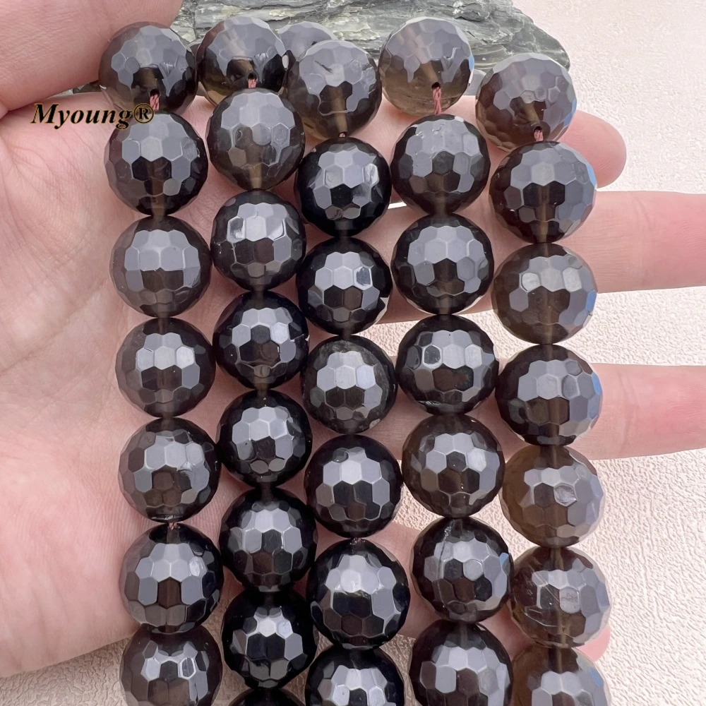 16MM 24PCS Large Faceted Natural Crystal Smoky Quartz Round Cutting Nugget Beads MY230916