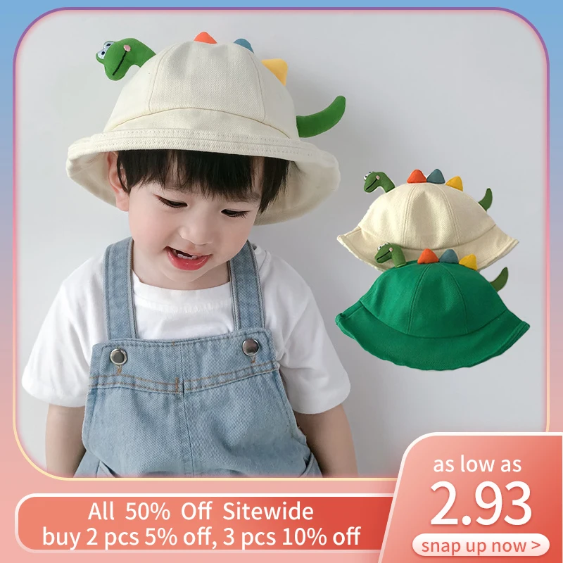 

Cute Dinosaur Baby Panama Basin Cap Cartoon Children Outdoor Sun Visors Solid Color Toddler Fisherman Hat Boy Girl Bucket Bonnet