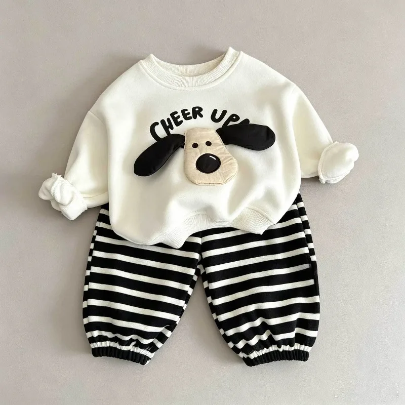 Bellbell Herbst Kinder Jungen Zweiteiliges Kleidungsset Hundemuster Kinder Jungen Sweatshirt 1-6 Jahre Kleinkind Babys Jungen Gestreifte Hosenanzüge – Detail 1