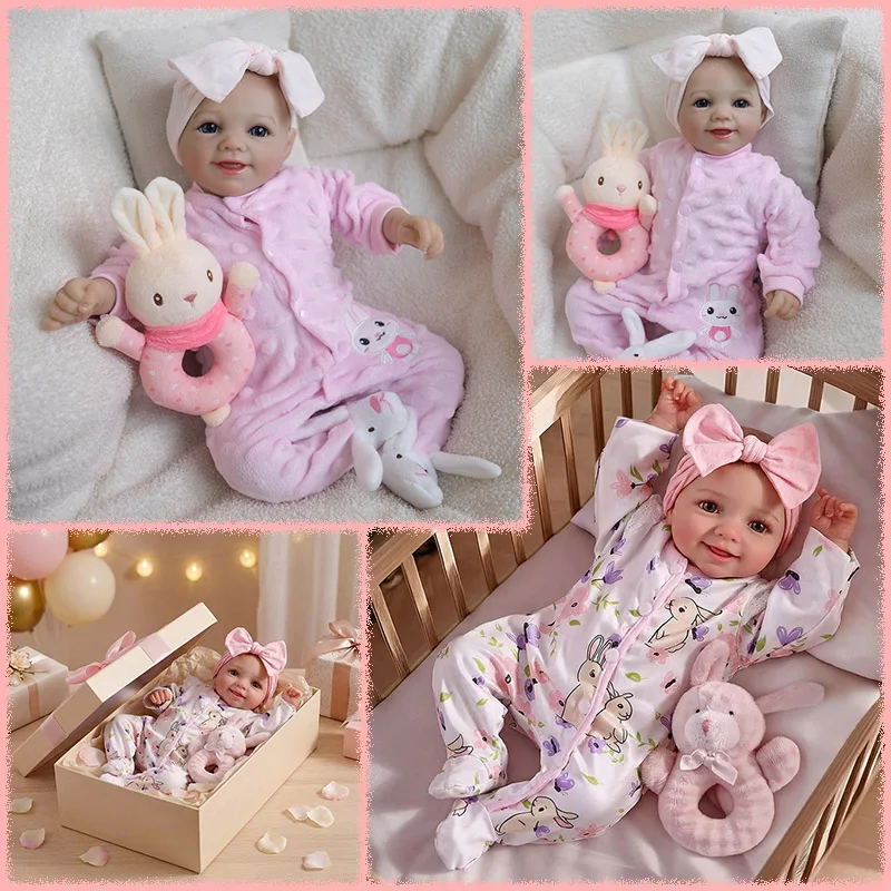 

18-дюймовая реалистичная кукла-реборн с улыбающимся лицом, мягким тканевым телом, ручной росписью волос и многослойной 3D-покраской кожи