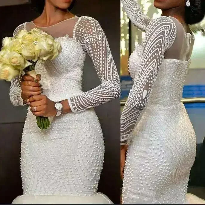 Customized Beaded Mermaid Wedding Dresses South African Pearls Slim Fish tail Long Sleeve Bridal Gowns
