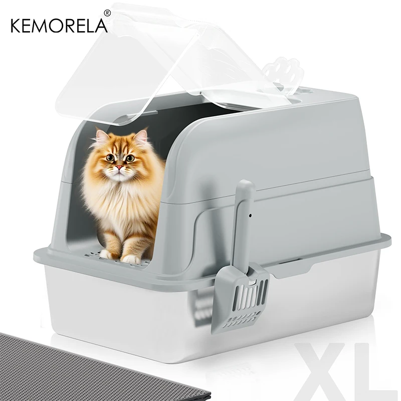 KEMORELA Enclosed Stainless Steel Cat Litter Box with Lid and Scoop, High-Sided Metal Kitty Leak-Proof Tray for Small Big Cats