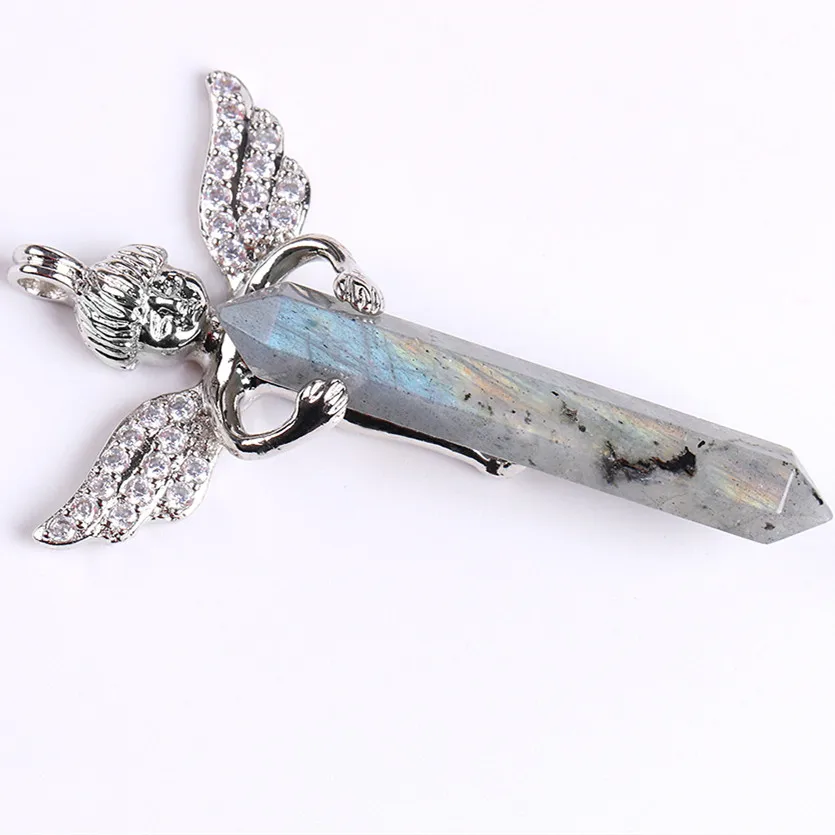 Men Women Natural Rose Quartzs Crystal Gem Stone Long Sword Hexagonal Prism Cupid Angel Wings Pendants for Necklaces Love Gift