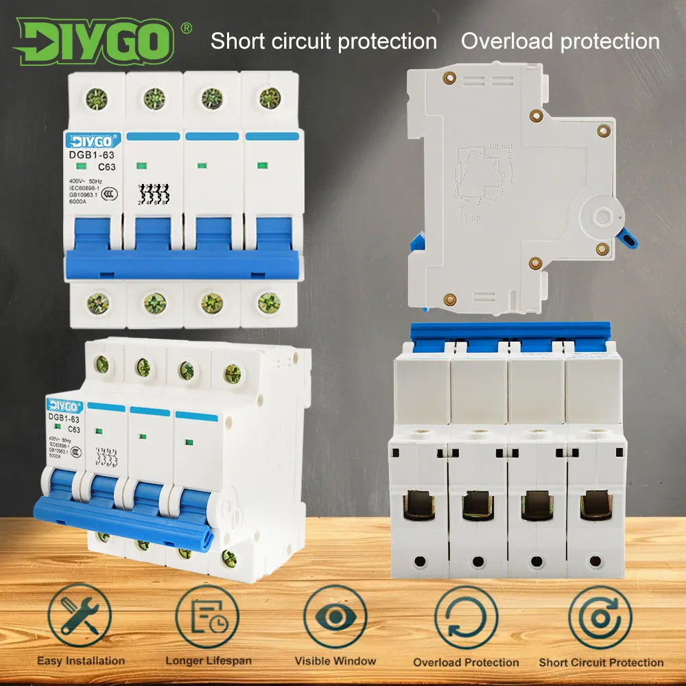

4P DGB1-63 AC MCB 230/400V~50Hz/60Hz Miniature Circuit Breaker With indicator light 6/10/16/20/25/32/40/50/63A Overload Protect