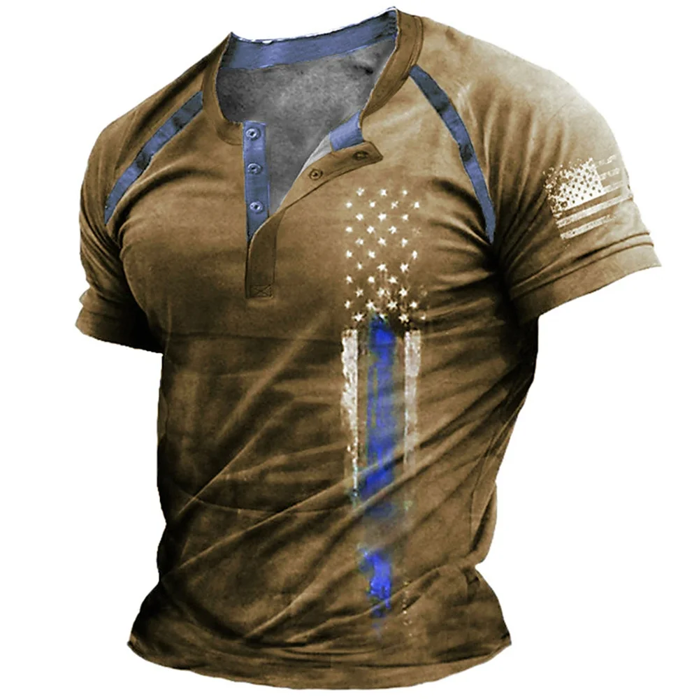 Funny 3D American Flag Print Men's Henry Shirt Fashion Henry Collar Short Sleeve Tops Summer Street Vintage Clothes Casual Tees