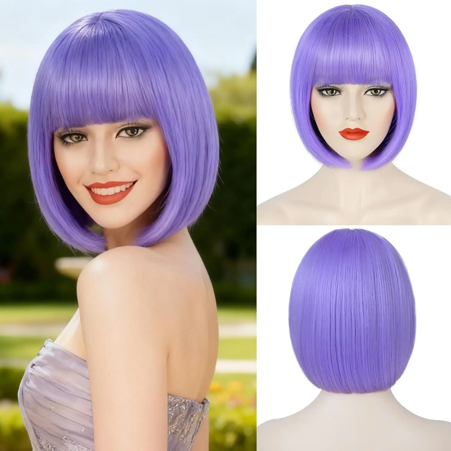 

Синтетический короткий прямой парик-боб + бесплатная шапочка для парика для женщин, парик с челкой, забавный парик для вечеринок, косплея, костюмов, Хэллоуина, повседневного использования