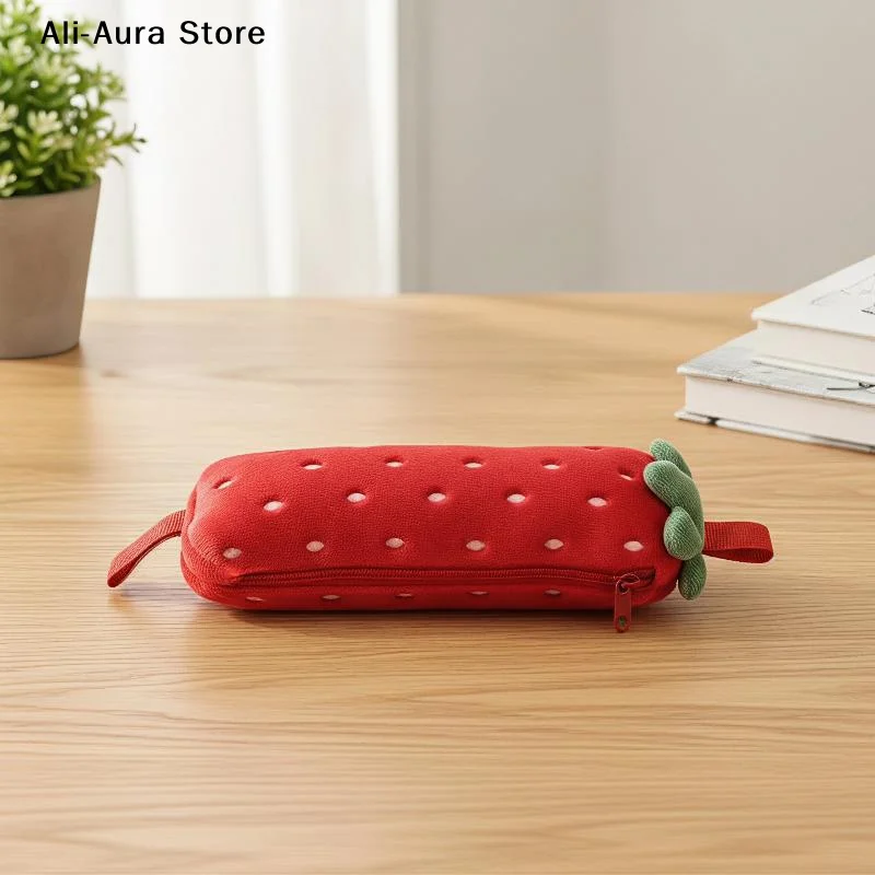1Pcs Carry Stationery In Style! Cute Plush Strawberry-style Strap Top Pen Bag, Large Capacity Exquisite Student Pencil Pouch