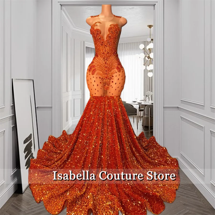 Gorgeous Orange Sequins Prom Dresses 2024 Mermaid Style Luxury Sparkly Crystals Rhinestones Beads Black Girls Prom Party Gown