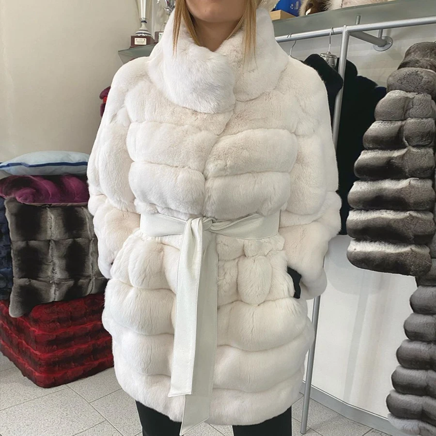 

Jacket With Natural Fur For Women Chinchilla Fur Real Rex Rabbit Fur Coat Luxury Women Best Selling Mid Length