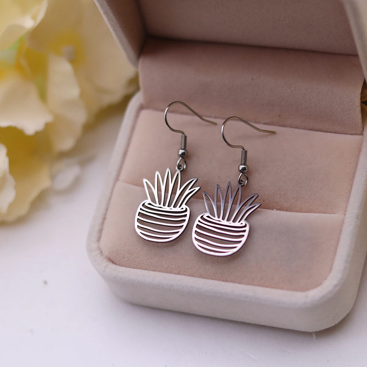 QIAMNI Stainless Steel Creative Potted Plant Pendant Dangle Earrings Accessories Handmade Piercing Jewelry Eardrop Gardener Gift