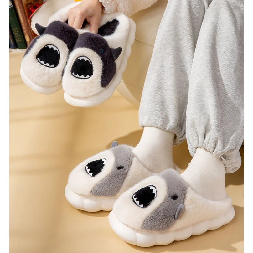 

Female Slipper Shark Women Home House Winter Warm Anti Skid Indoor Fur Contton Plush Fluffy Lazy Fuzzy Cartoon Cute Kawaii Shoe