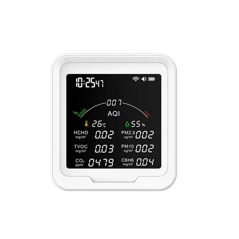 

JABS-TUYA WIFI Multi-Function Air Quality Monitor Thermohygrometer Clock Alarm Gas Detector PM2.5 PM10 HCHO C6H6 CO2 Sensor