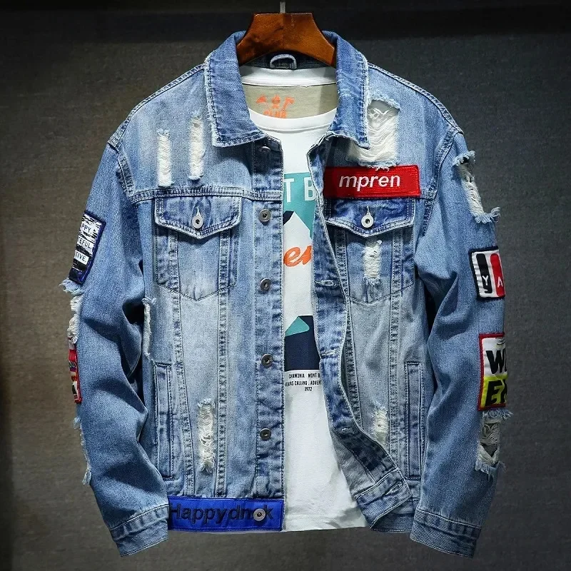 Men Denim Jacket High Quality Casual Torn Hole Men Denim Jacket Hip Hop Street Clothing Punk Motorcycle Split Print Denim Jacket