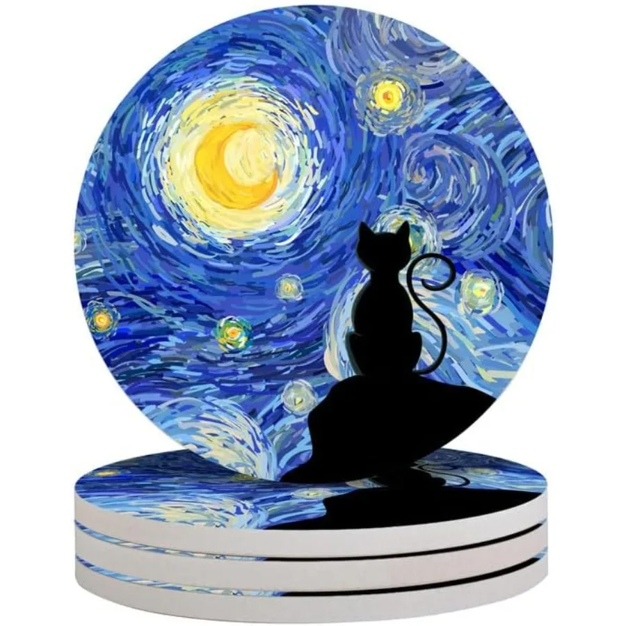 

4-Piece Round Absorbent Ceramic Coaster Set with Cork Base Durable Drink Coasters for Mugs Cups and Tabletop Protection Starry