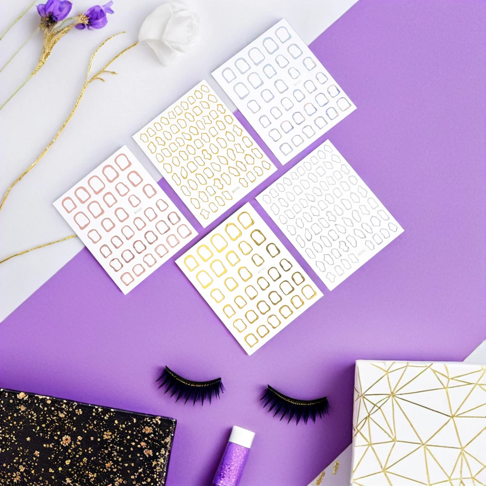 

10pcs Gold Nail Art Stickers Minimalist Geometric Hollow Design Self Adhesive Metallic Manicure Decor For Women Diy Nail