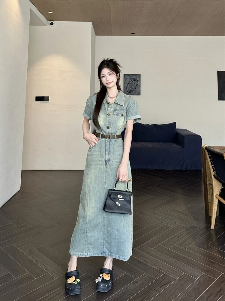 plus Size Vintage American Sle Denim Dr Women's Summer New Waist Cinching ort Sve Turn-down Collar Midi Skirt