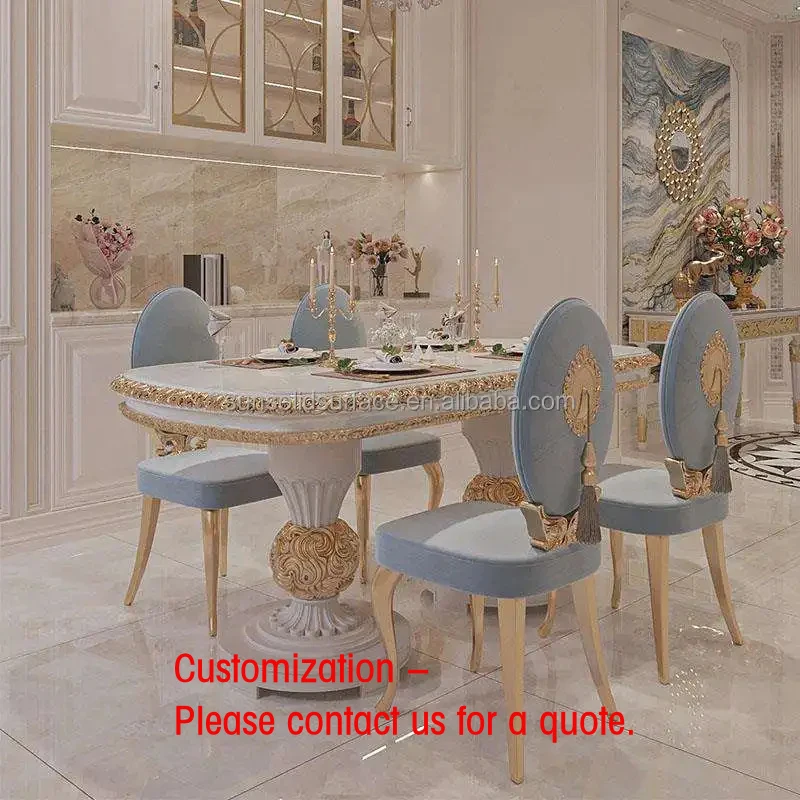 

custom.Luxury Modern Dining Table Set with Polished Solid Surface Rectangle Top and Golden Home Dining