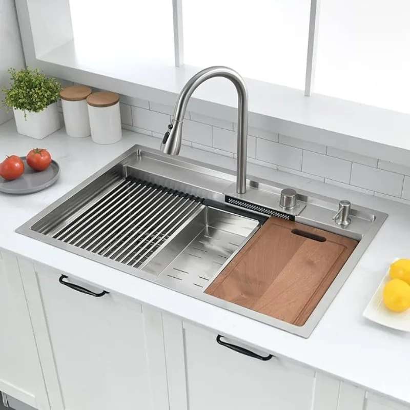 33 Inch Drop In Kitchen Sink Splash Guard Waterfall Workstation - 33x22-Inch Single Bowl Sink 16 Gauge Stainless Steel 10