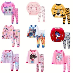 2pcs Girls Casual Cartoon Unicorn Print Crew Neck Pink Cotton Pajama Sets