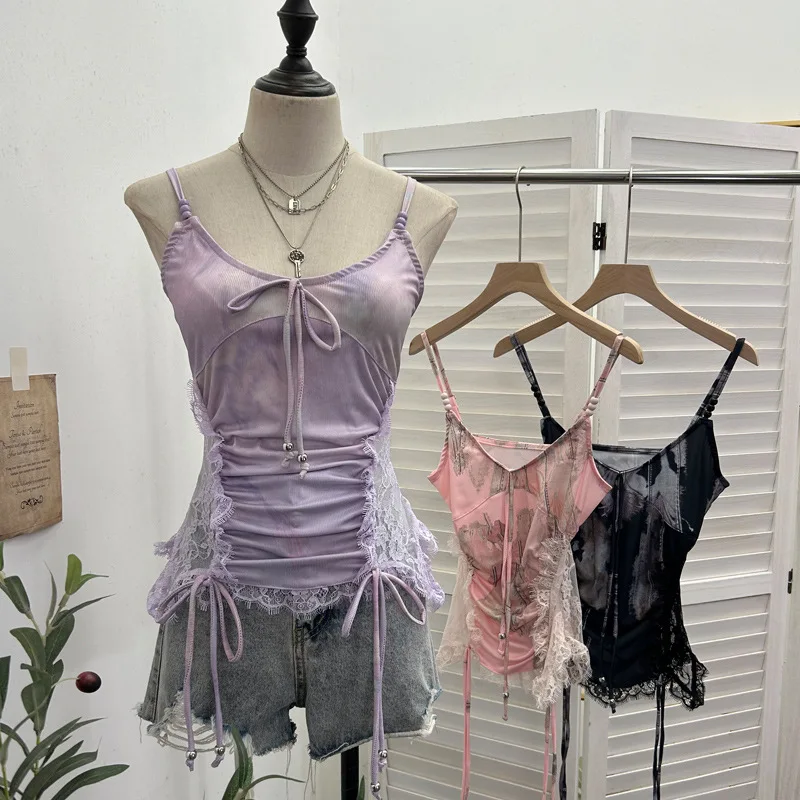 قميص قصير صيفي ISAROSE Y2K للنساء بدون أكمام وأشرطة خرز قابلة للتعديل ودانتيل جانبي قابل للتمدد مقاس واحد قطع علوية قصيرة ضيقة