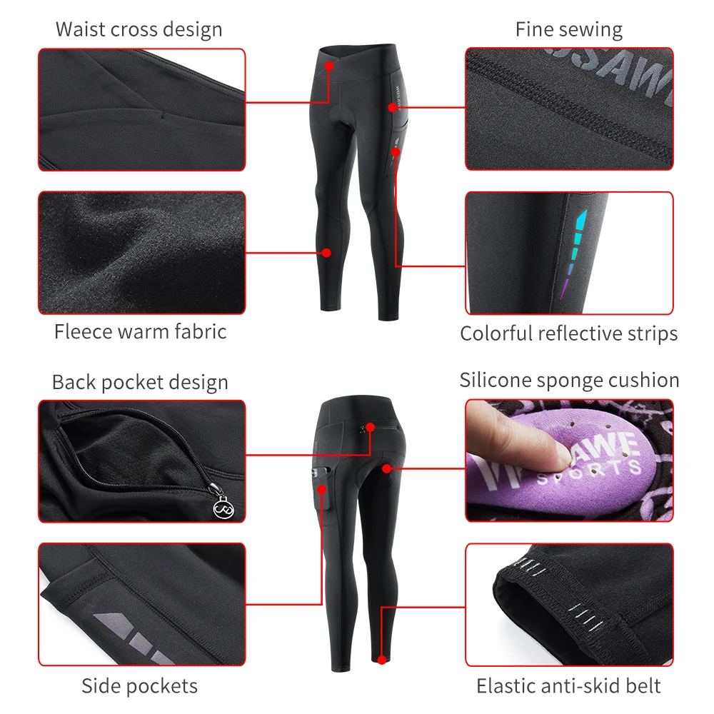 WOSAWE Women Cycling Pants Windproof Padded Long Pants Winter MTB Biking Tights Training Pants Bike Leggings Sports Trousers