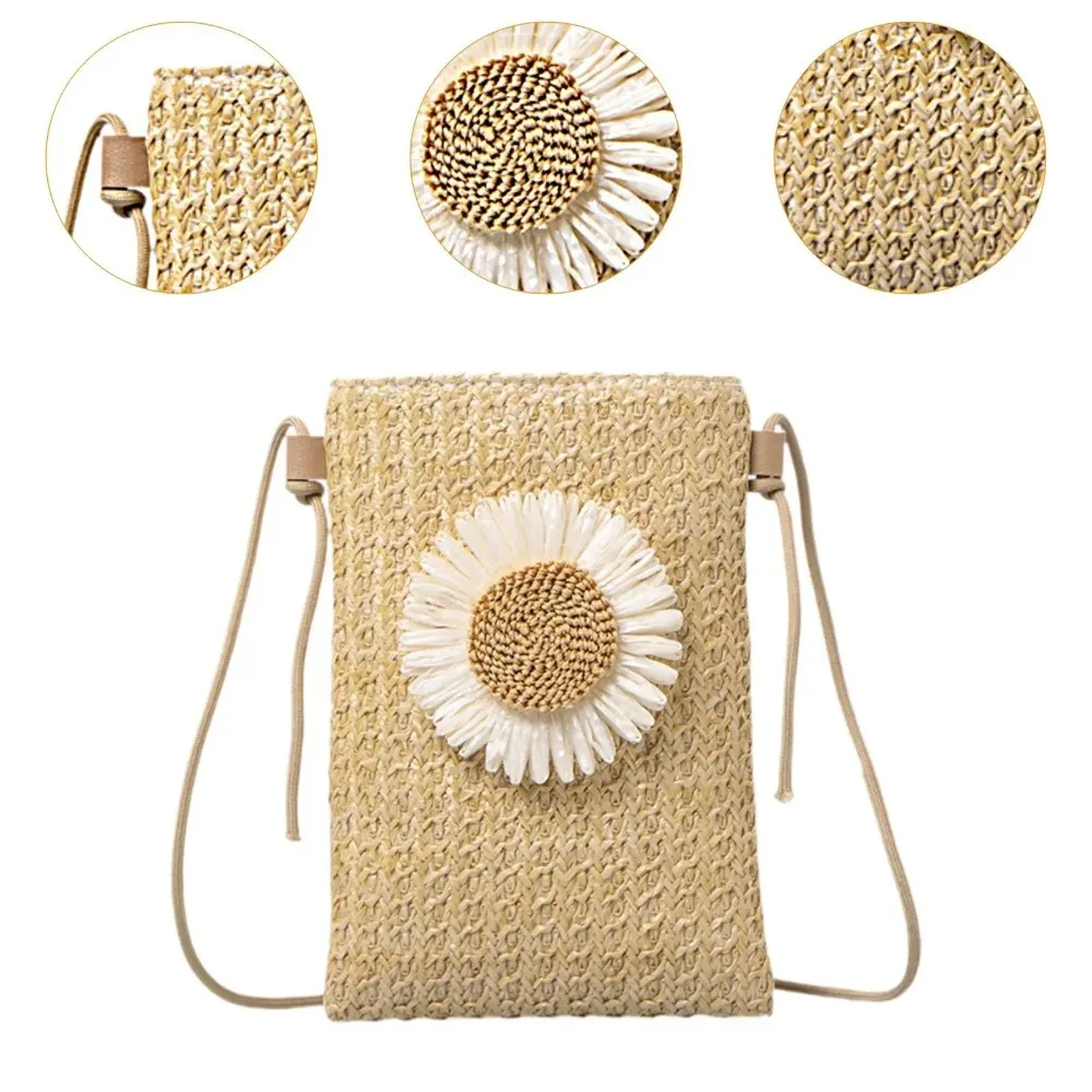 

New Grass Woven Crossbody Shoulder Bag Small Floral Braided Handbag Phone Bag Female