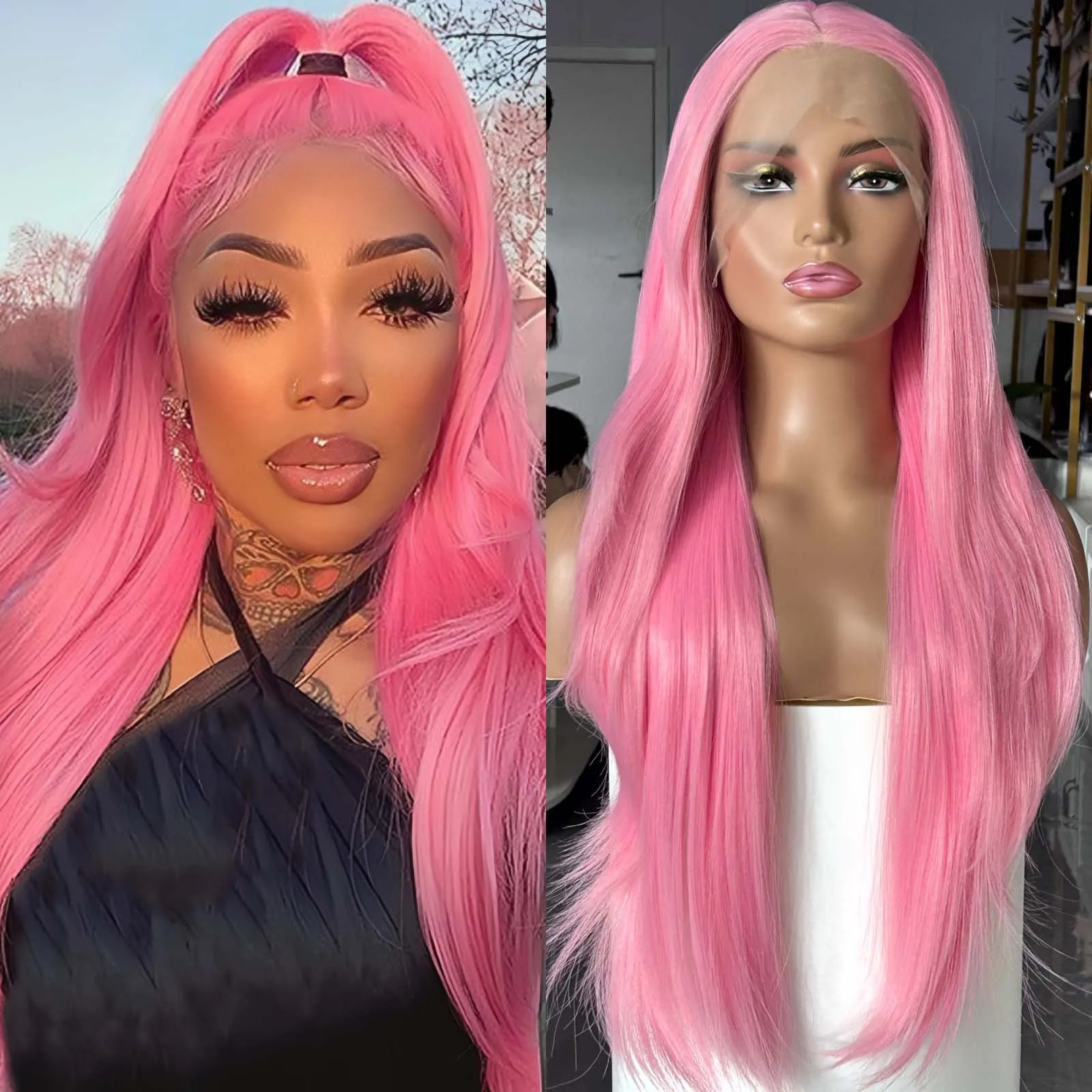 Hot Pink Long Straight Layered Wigs for Women Synthetic Lace Front Wig Natural Wavy Hair Long pink Wigs for Daily Party Cosplay