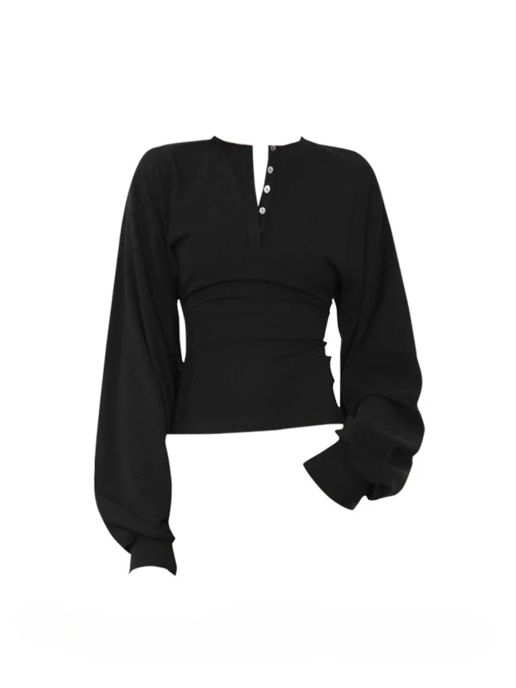 American Minimalist Slim Fit Crop T Shirt Women Autumn O-neck Lantern Long Sleeve Ruched Waist Sexy Casual Streetwear Outfit