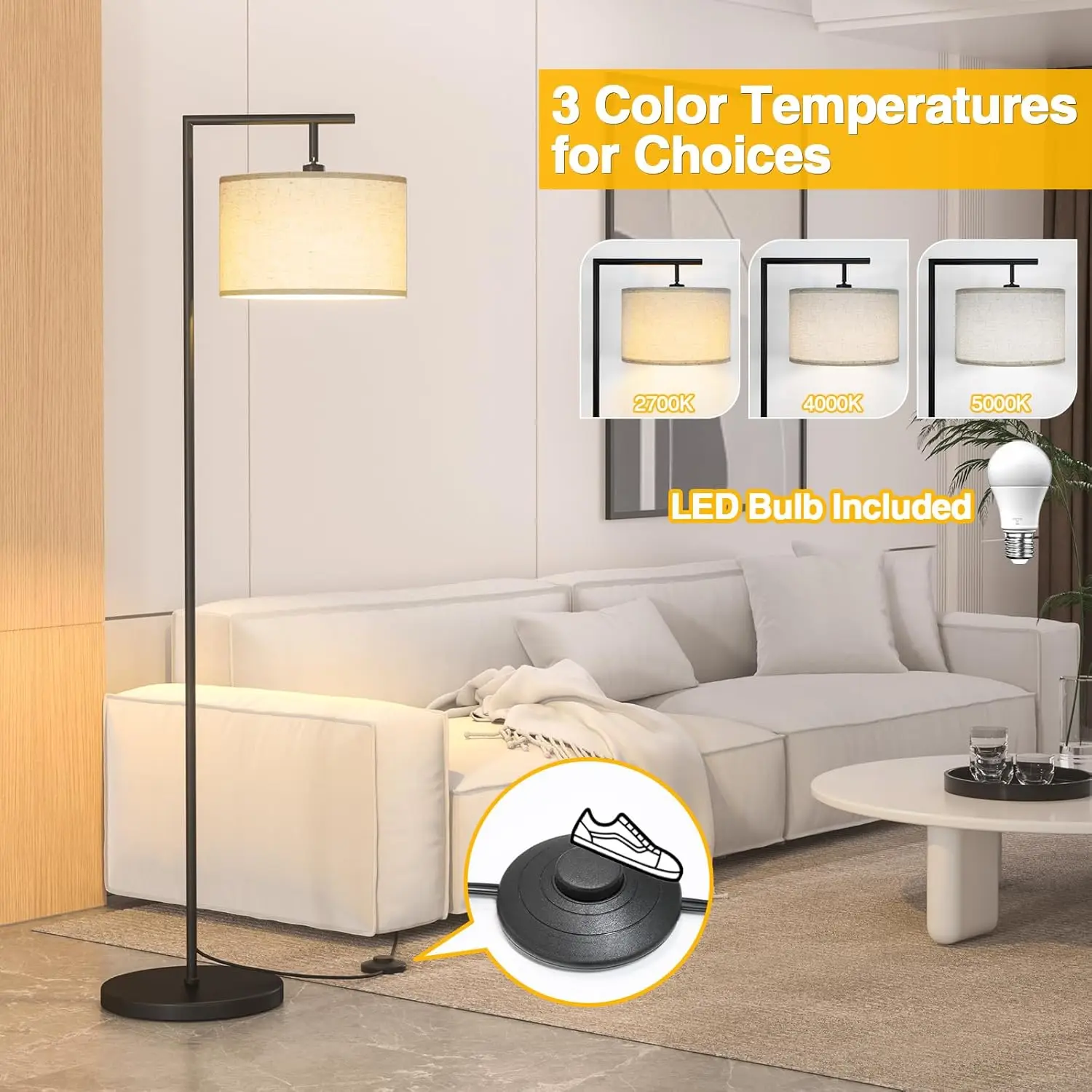 Floor Lamp For Living Room With 3 Color Temperatures Standing Lamp With Adjustable Beige Linen Lampshade Tall Lamps For Bedroom