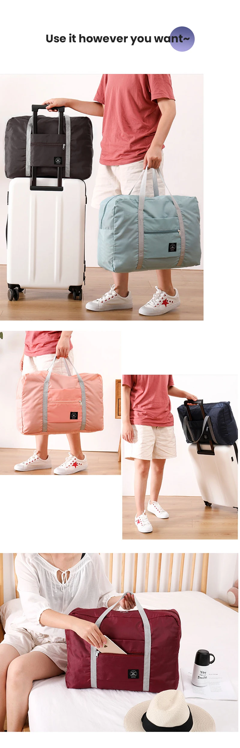 Faltbare Reisetasche für Flugzeuge, Handgepäcktasche für Damen und Mädchen, leicht, großes Fassungsvermögen, Sport, Wochenendausflug über Nacht – Detail 4