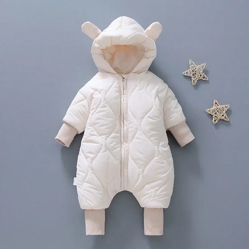 Winter Baby Clothing 0-2 Y Infant Boys and Girls Solid Fur Lining Rompers Newborn Toddler Outwear Hooded Jumpsuit