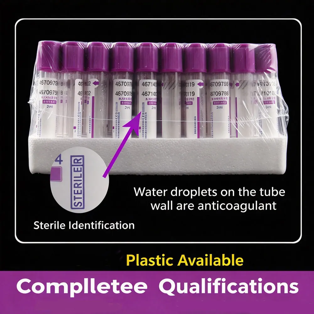 100 Pcs Disposable EDTA K2 Vacuum Blood Collection Tubes Anticoagulant Purple Cap Blood Test Tubes for Hematology Examination