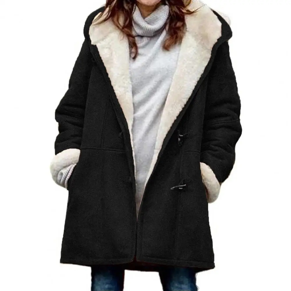 Women Fuzzy Jacket Fleece Lined Hooded Mid Length Long Sleeves Single-breasted Small Horn Buttons Thermal Overcoat Women Coat