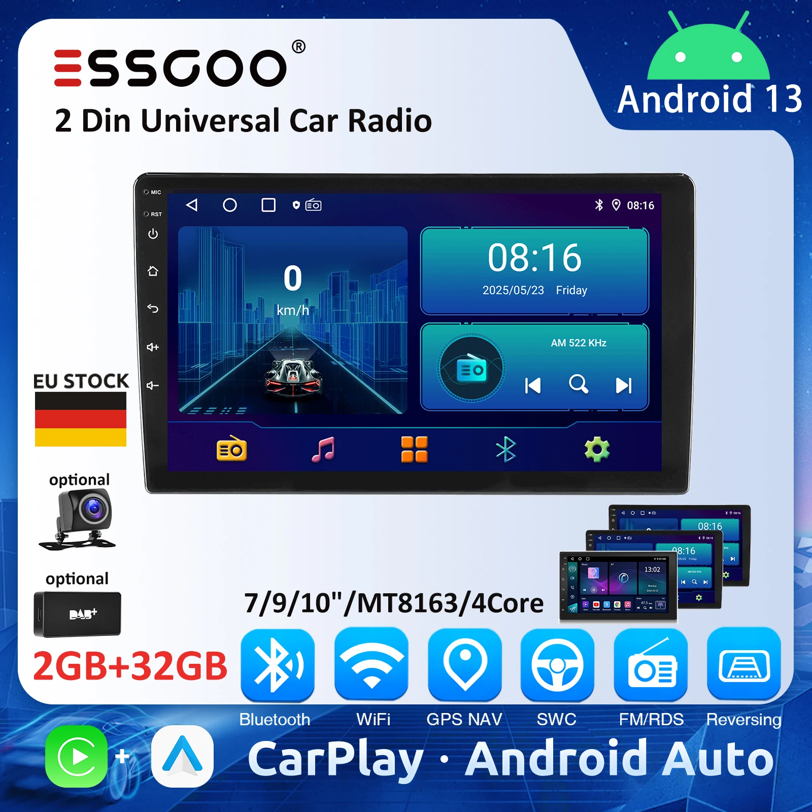 ESSGOO 7 9 10 Zoll Universal Autoradio 2GB Android Auto Carplay Auto-Stereo-Multimedia-Player GPS Autoradio Intelligente Fahrzeugsysteme